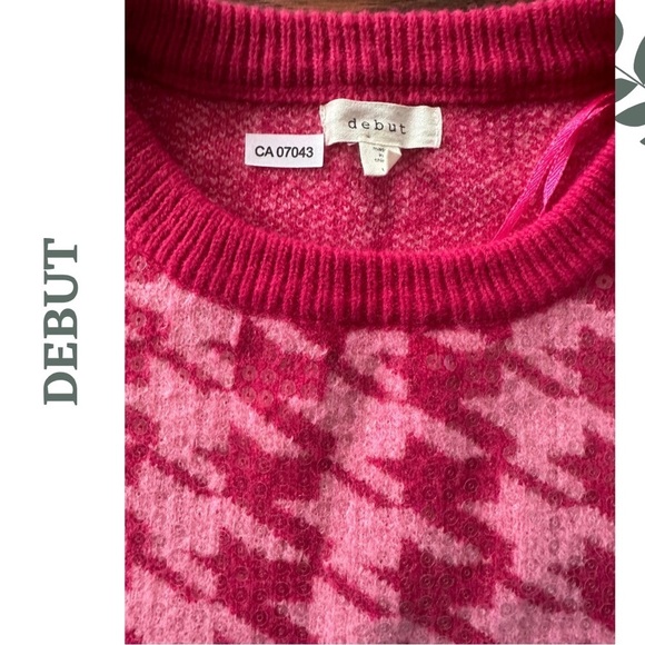 Debut Pink Houndstooth Sequin Women's Crew Neck Pullover Sweater Size Large - Picture 4 of 5